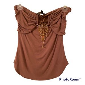 Halter top with brown and gold colored beads